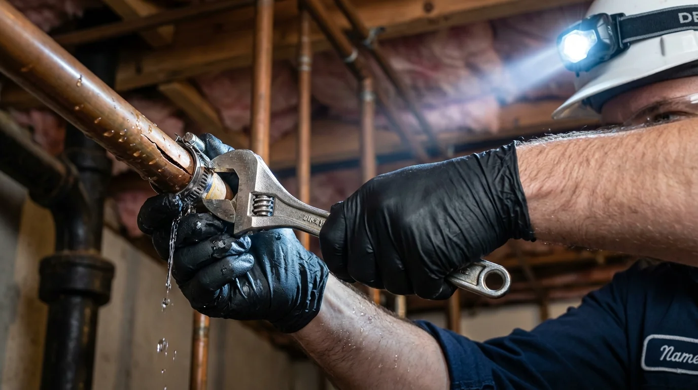 Emergency pipe clamp repair being performed by a Johns Plumbing LLC plumber in La Grange