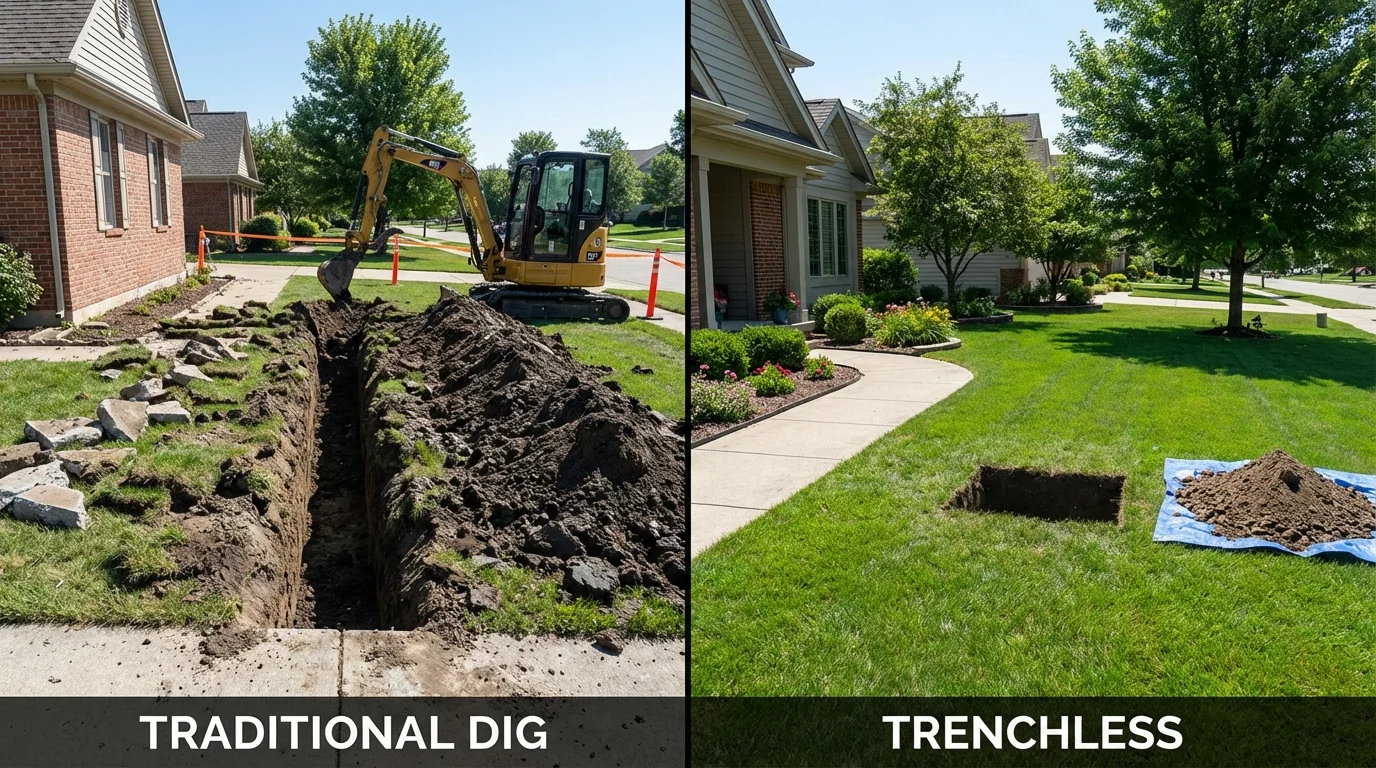 Trenchless sewer repair with minimal yard damage versus traditional excavation in La Grange, NC